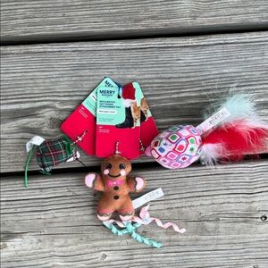 Festive Cat Toy Set with Gingerbread and Plaid Mouse